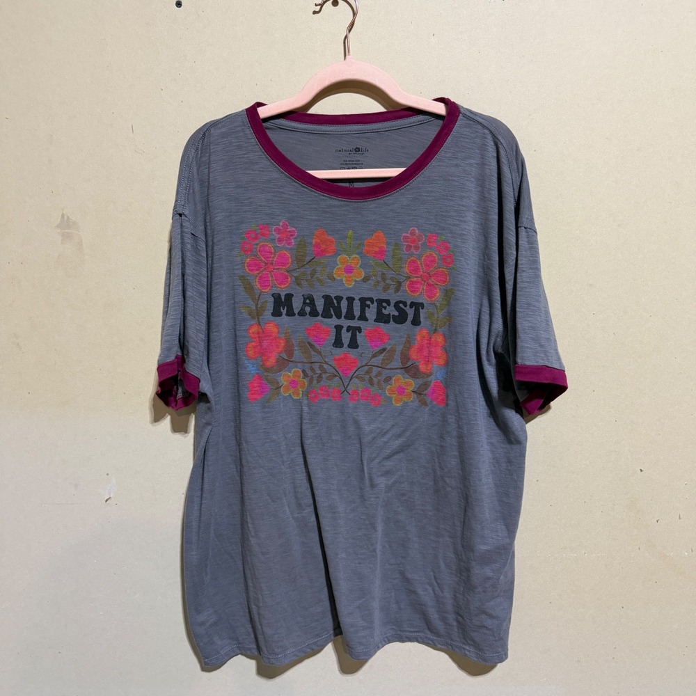 Natural Life Manifest It Floral Graphic Ringer Tee Grey Burgundy Oversized M